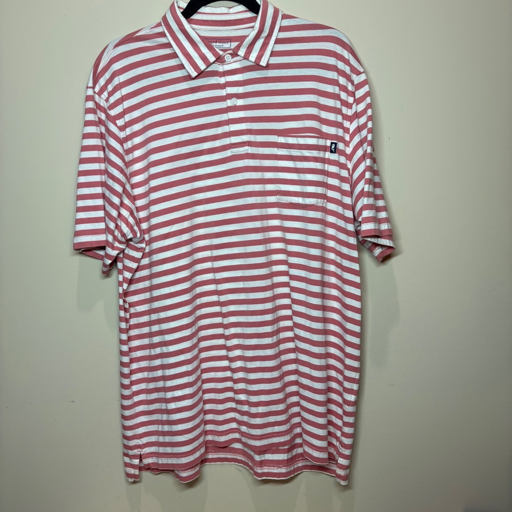 Vineyard Vines Mens XL Pima Cotton Striped Polo Shirt Salmon Pink White Pocket